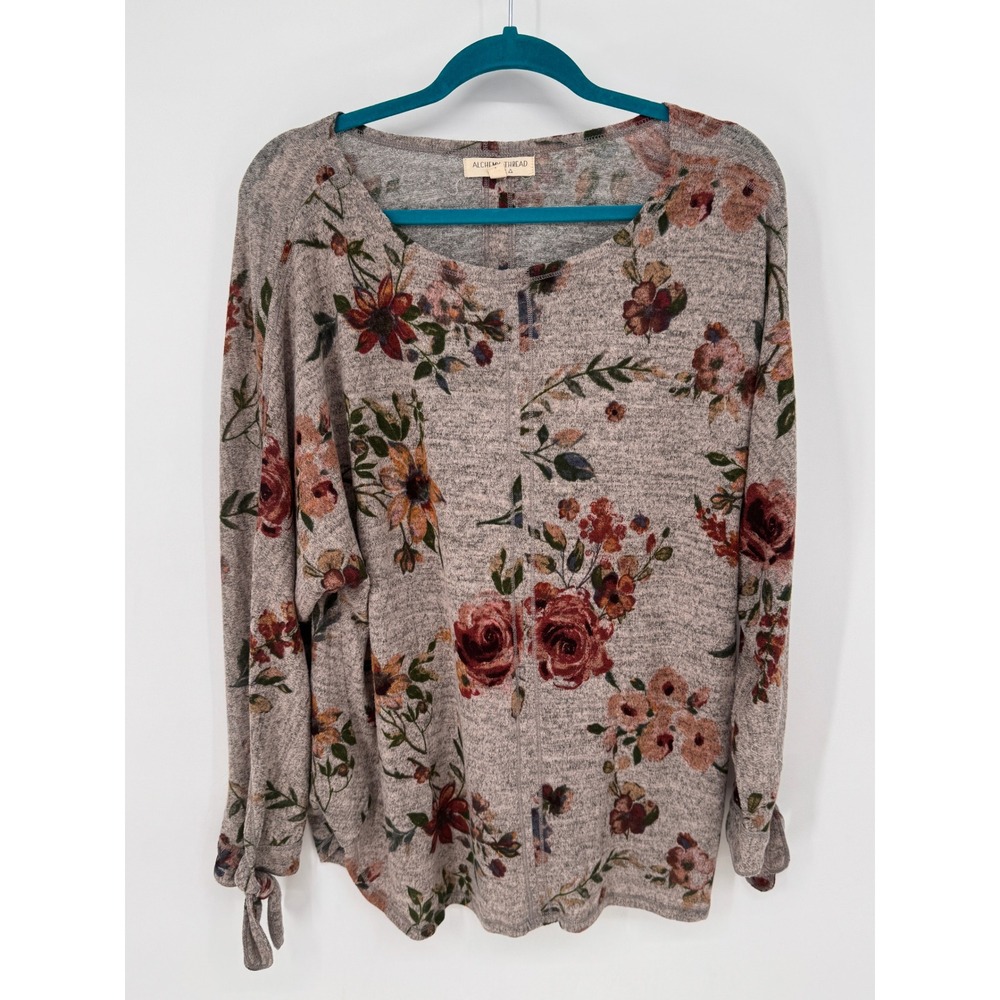 Alchemy Thread Top Women XL Gray EUC Floral Tie Cuff Long Sleeve Knit Boho